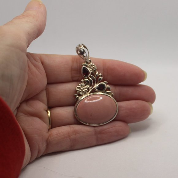 Garnet and Pink Stone Silver Floral Pendant - Picture 3 of 3